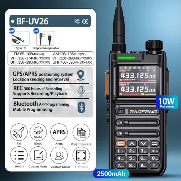 Baofeng UV26 Walkie Talkie GPS APSR Multi Band Bluetooth Programming Recording Wirless Copy Frequency Type-C Long Range Two Way Radio