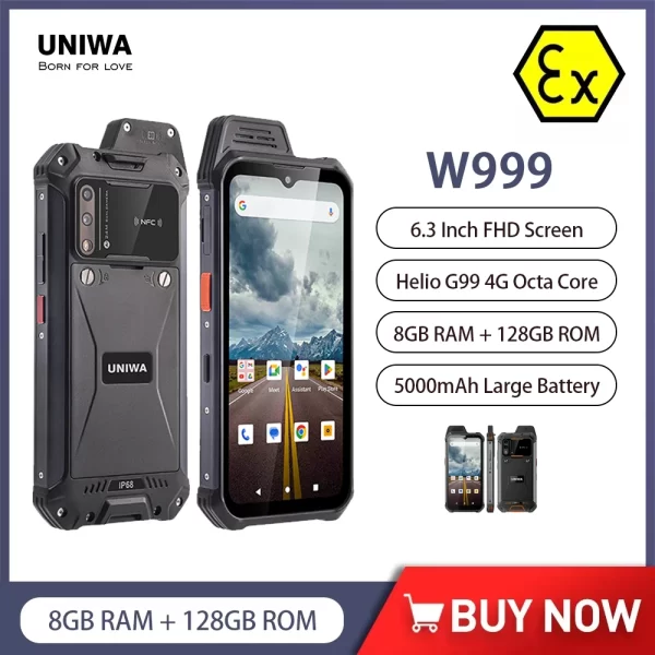 UNIWA W999 ATEX Rugged Smartphone 4G 6.3 inch FHD LCD Mobile Phone 8GB 128GB Andriod 11 IP68 Waterproof 5000mAh NFC Cellphone