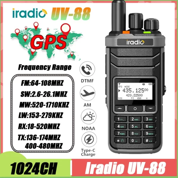 Iradio UV-88 GPS Portable Walkie Talkie Shortwave UV88 Radio Type-C Charging 18-520mhz Receiving NOAA 1024 Channel Frequency Channel Scan